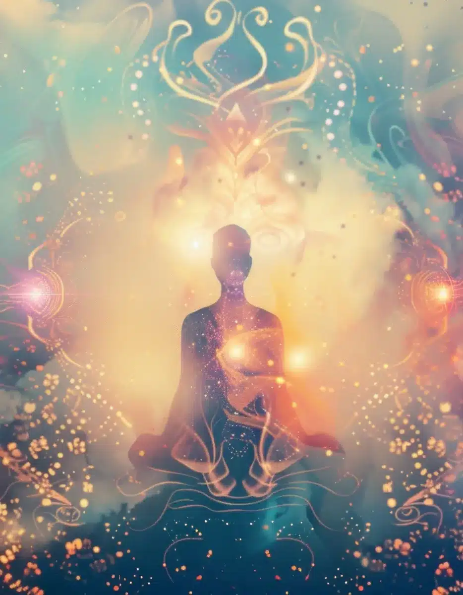 silhouette méditative entourée de lumière éthérée