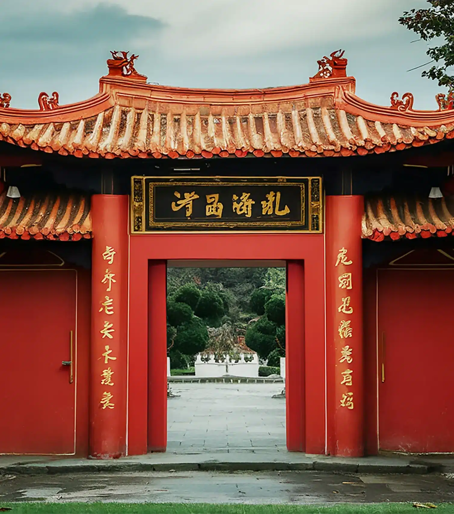 portique d'entrée d'un bâtiment chinois rouge avec une inscription